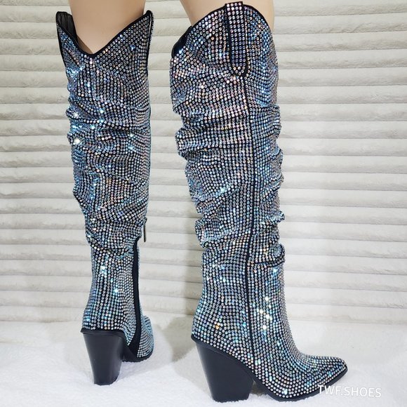 Cape Robbin Diamond Rider Rhinestone Glamour Western Slouch Draped Knee Boots - Picture 4 of 17